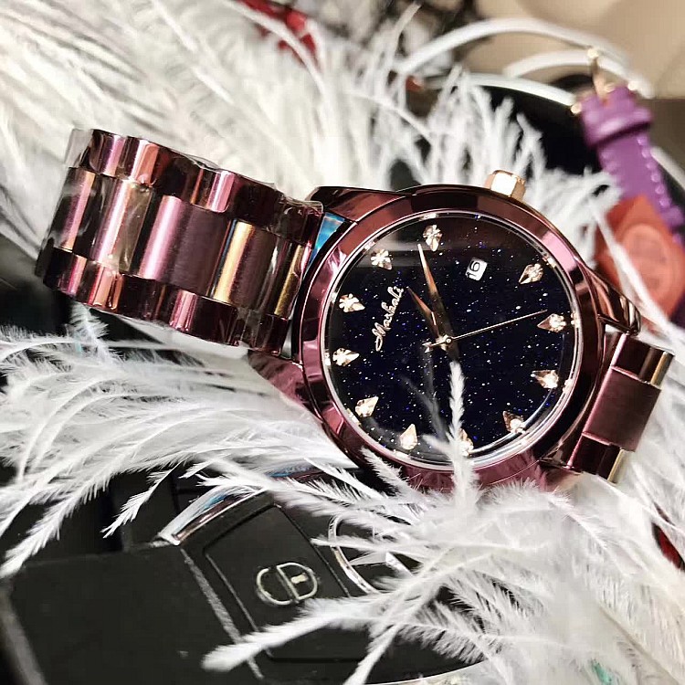 玛莎莉 新款蓝色星空面带日历手表 优雅大气腕表 百搭女士手表