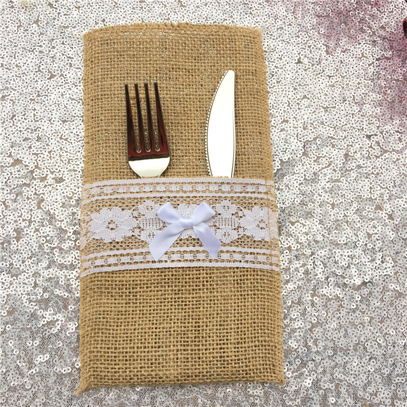 厂家直销 黄麻布蕾丝餐具袋 刀叉袋 婚庆用品 麻布派对用品