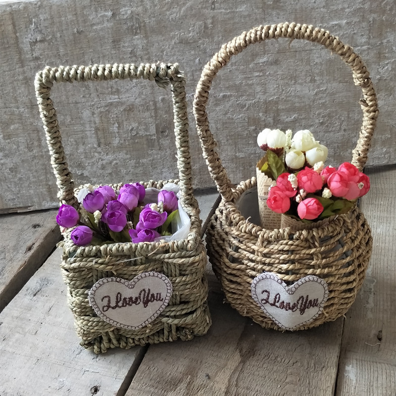 秘思优手工编织花篮花盆 草编柳编花篮 多肉植物花盆手提小花篮