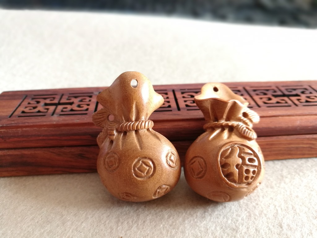 桃木福袋 钱袋 编制钥匙扣配件 配饰 手工雕刻工艺品