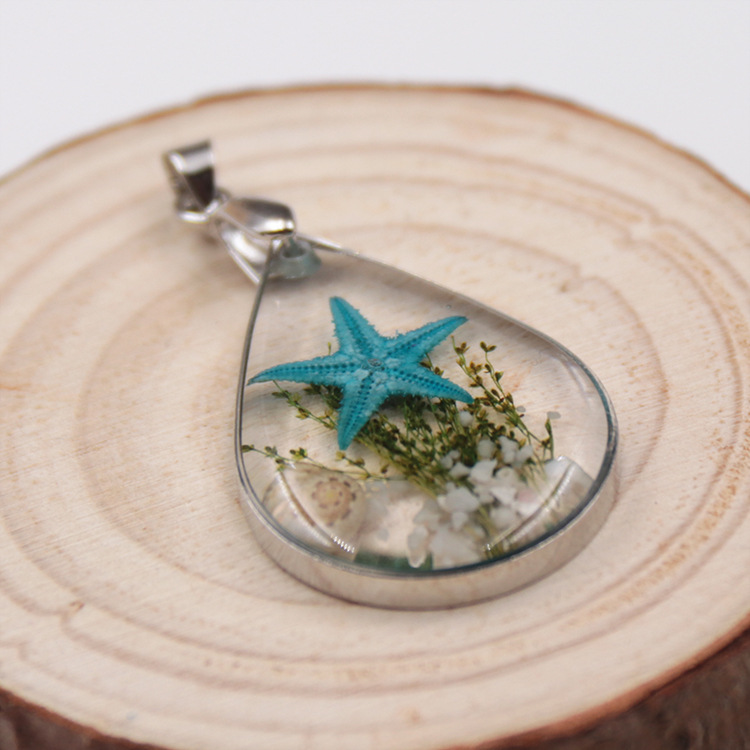 跨境热卖 水滴形金属镶边吊坠 树脂海星标本项饰女项链厂家批发