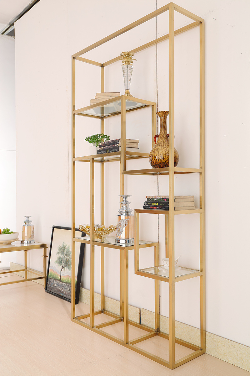 不锈钢书架钢化玻璃酒架置物架层架高档时尚简约钛金摆设装饰架