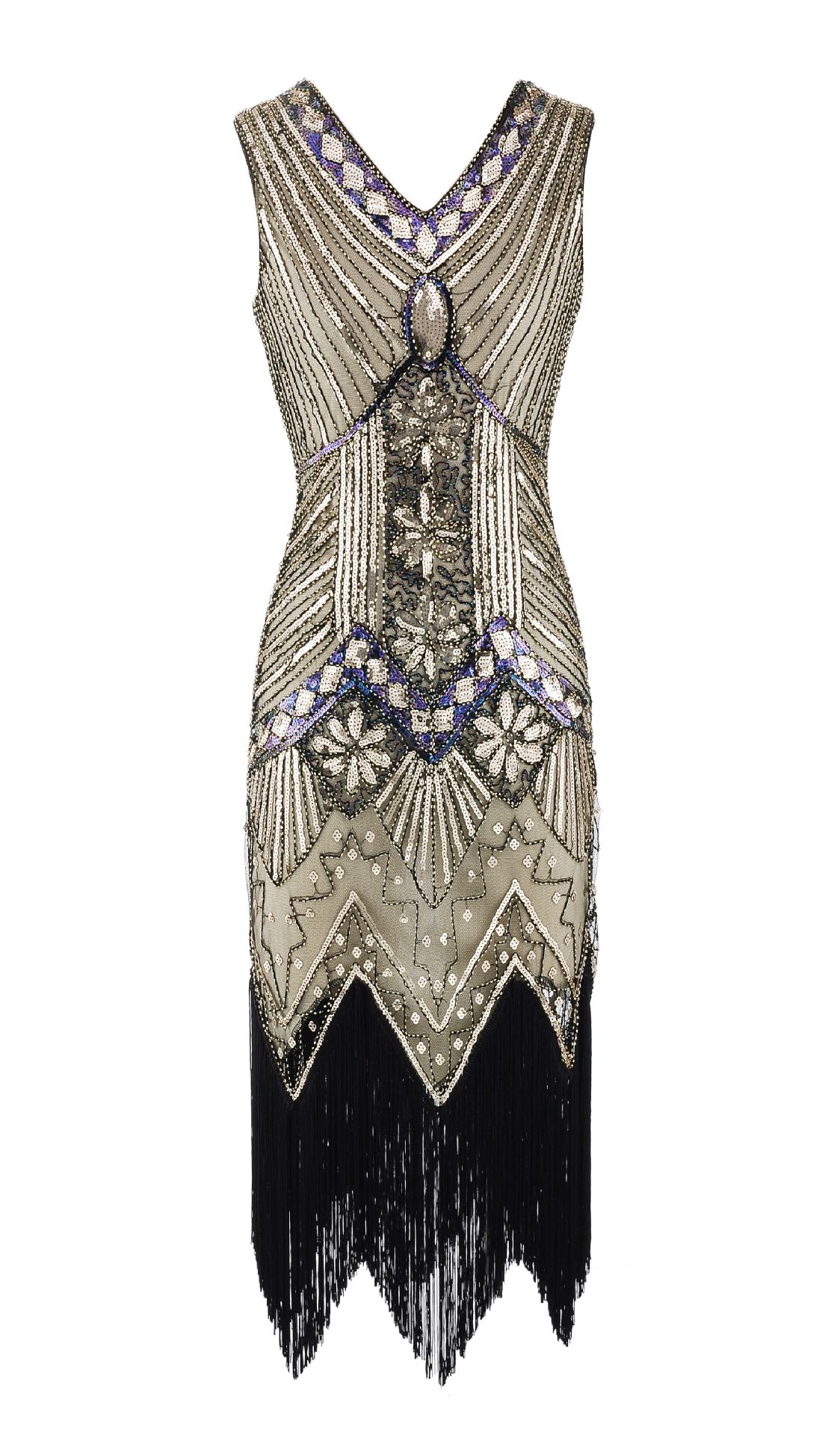 Sequin Studded Beaded Dress V-neck Tassel Gown