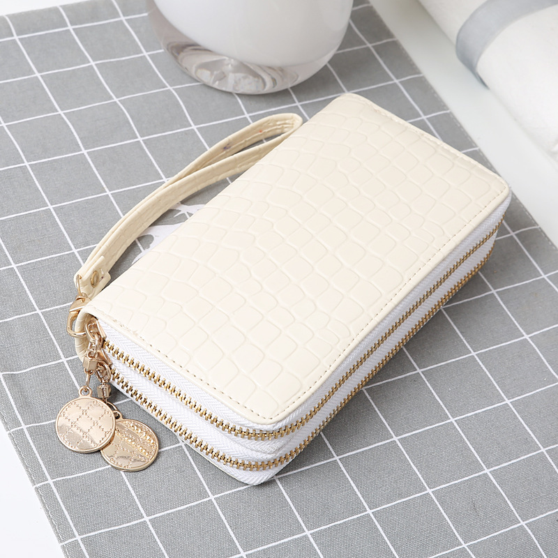 Solid Color Bright Leather Double Zipper Korean Style Simple Women's Wallet Multiple Card Slots PU Leather Long Clutch Stone Pattern Bag