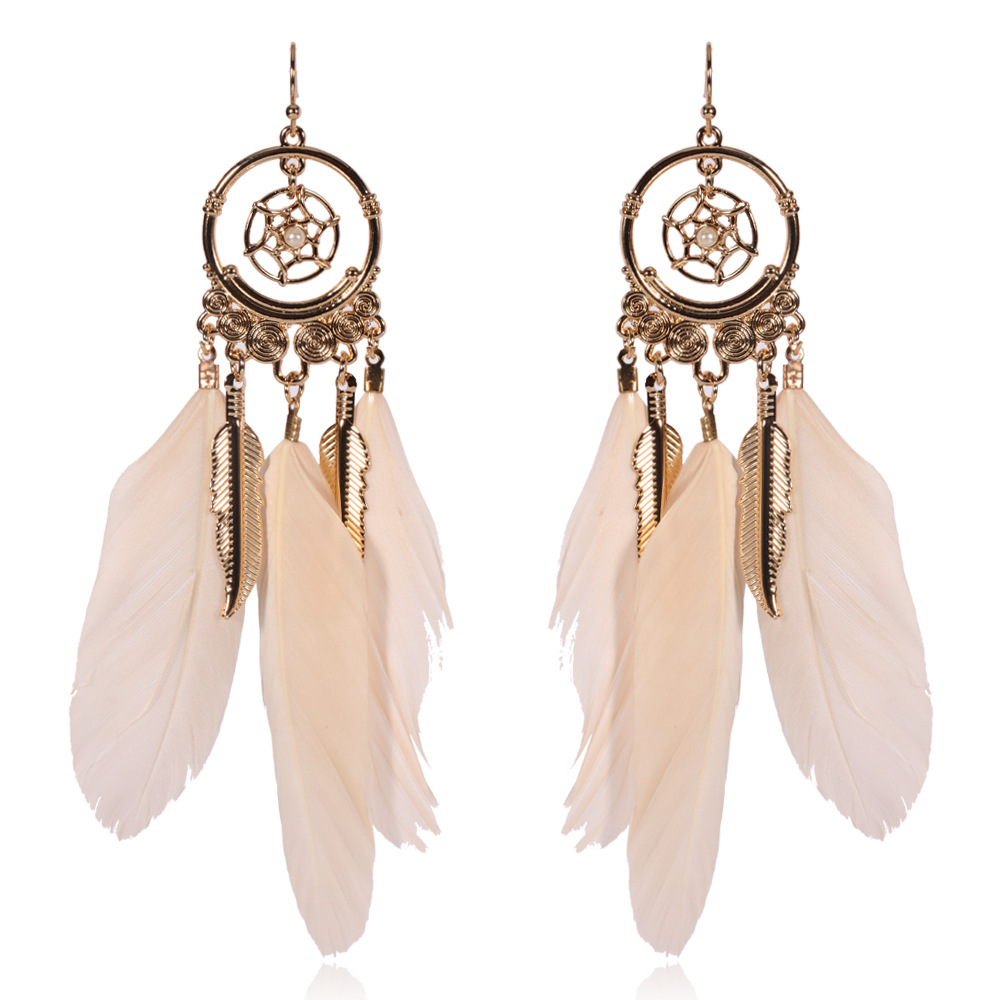 波西米亚饰品 韩版新款热销粉系羽毛圆形网状叶片挂坠女耳环