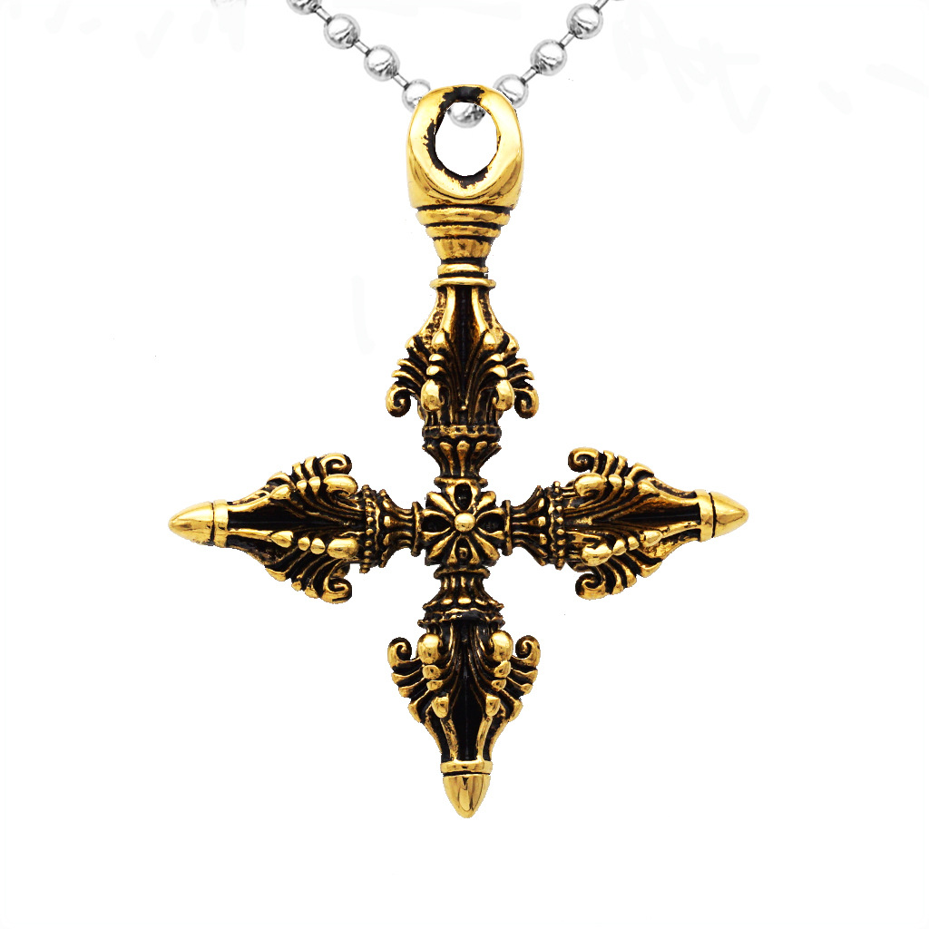 速卖通ebay货源外贸首饰 复古时尚十字架金刚降魔杵吊坠 钛钢项链