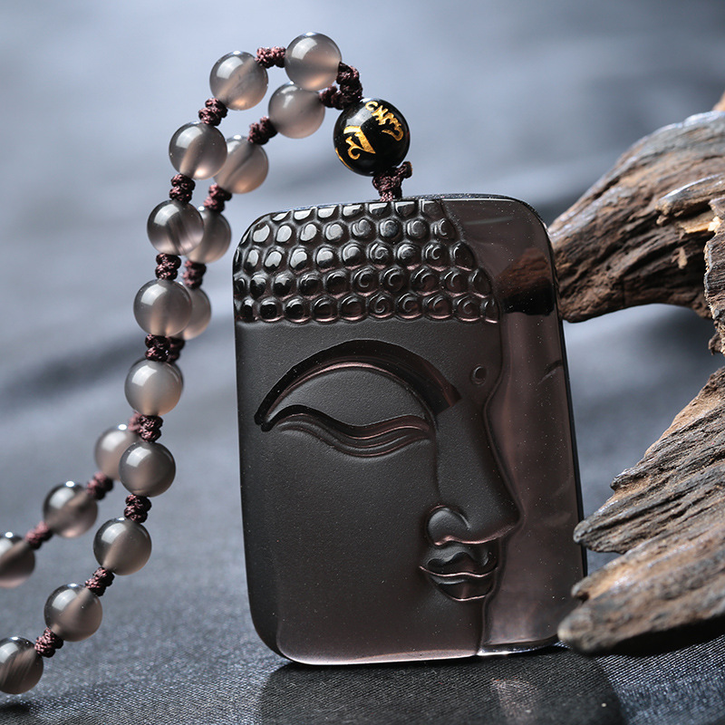 天然冰种黑曜石半面佛头吊坠项链释迦摩尼项坠侧面佛