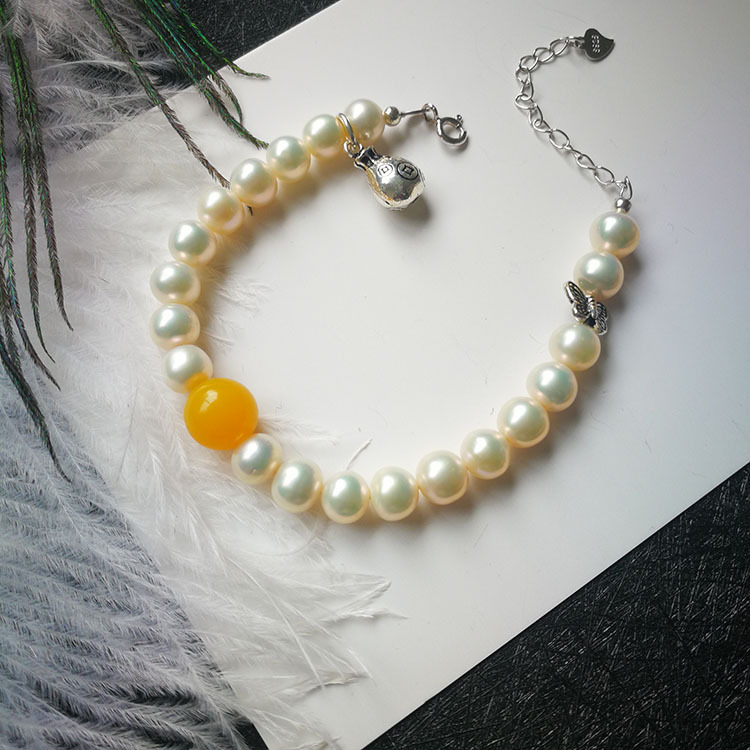 天然淡水珍珠手链手串淡水珍珠手链925银配件蜜蜡手链女款