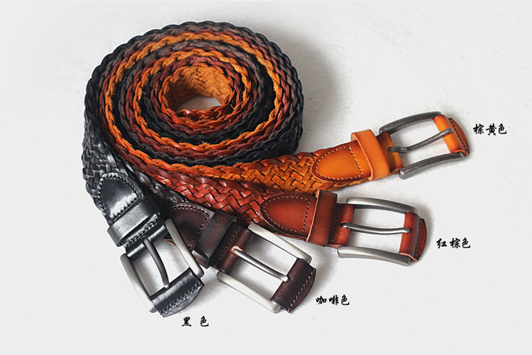 原创新款真皮皮带复古针扣头层牛皮腰带时尚手工编织裤带厂家直销