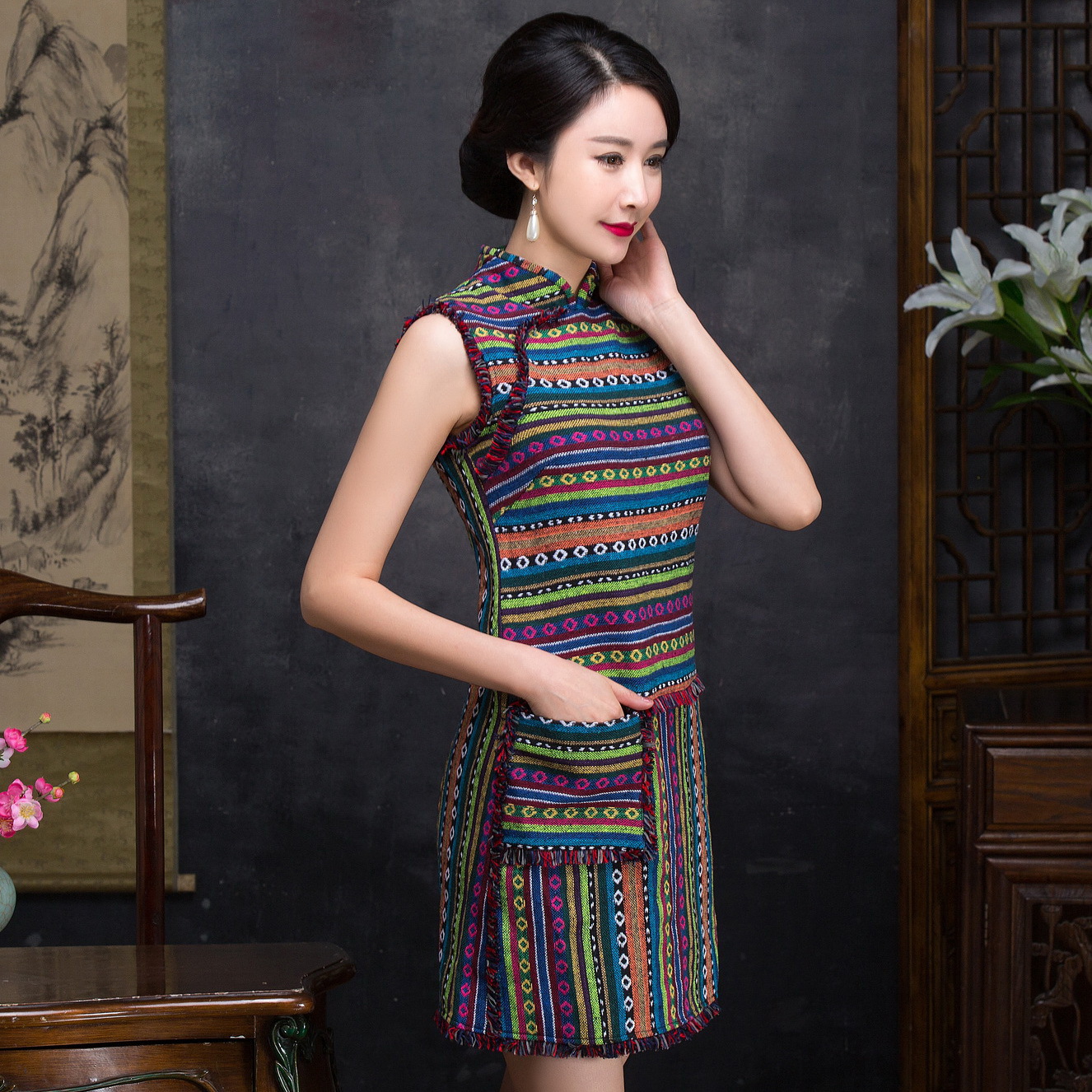 厂家批发春季复古民族风改良旗袍裙时尚短款修身无袖连衣裙a字裙