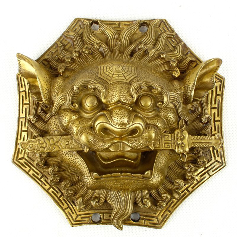 开光铜兽头狮咬剑铜狮子兽头睚眦风水挂件门饰家居虎头牌摆件