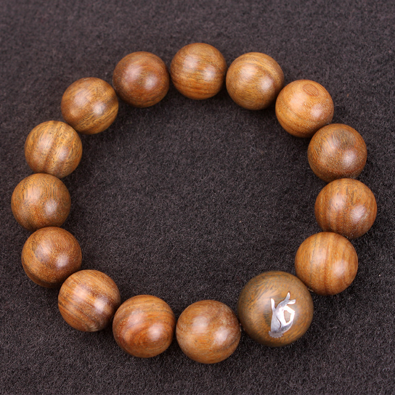 绿檀木镶银万字符手串创意复古镶嵌佛手香味男女佛珠手链厂家批发