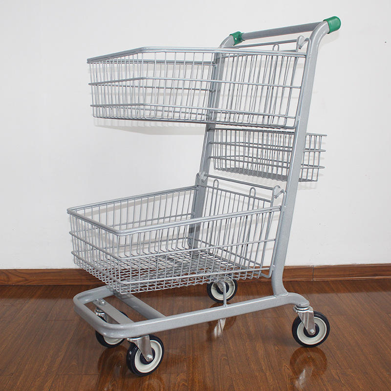 新款美式双层超市手推车金属购物手推车便利店折叠购物车