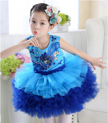 新款儿童公主蓬蓬蛋糕纱裙学生大合唱团亮片演出服女童芭蕾舞蹈服