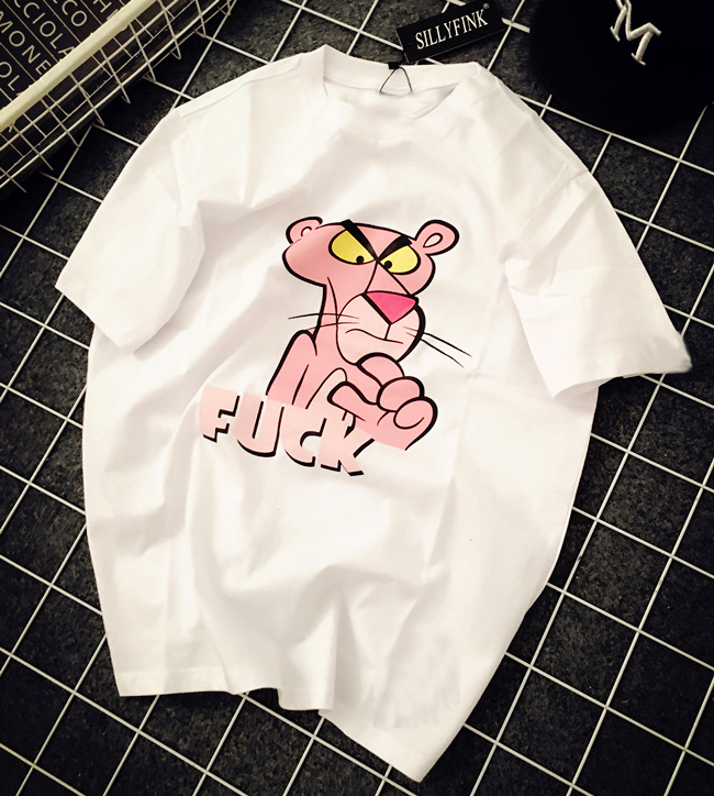 2017春夏新款女装 宽松短袖粉红豹t恤 韩版帅气情侣装上衣女 女士