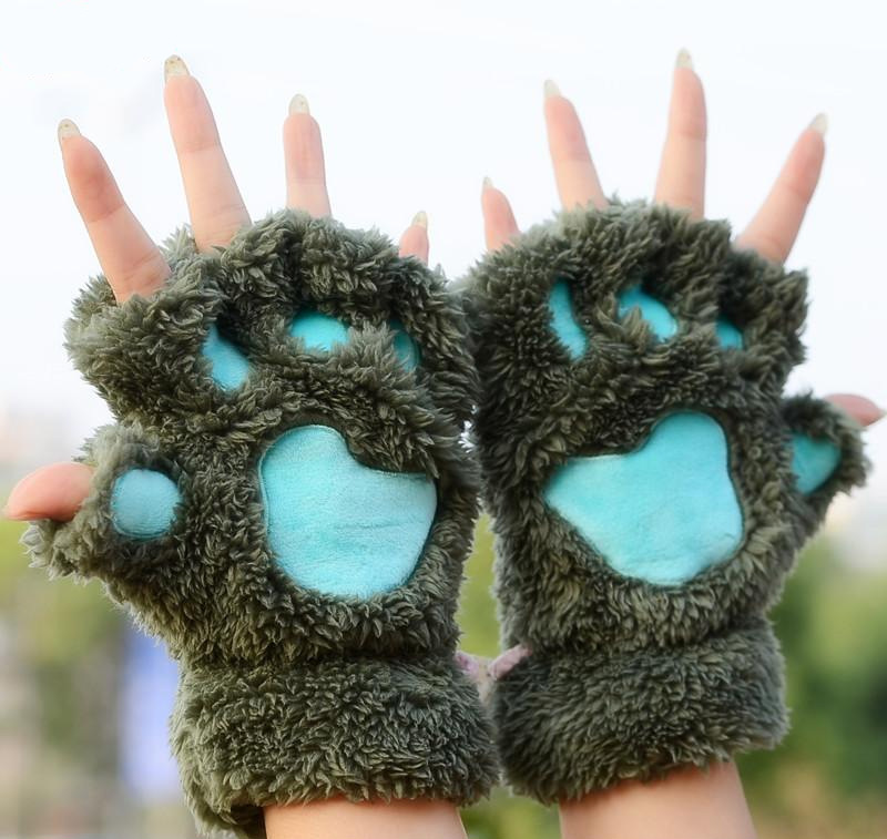 Cat's Paw Gloves Winter Cute Cartoon Cat Girl Open Finger Gloves Thickened Fluff Hand-Shaped Brush Half Finger Gloves