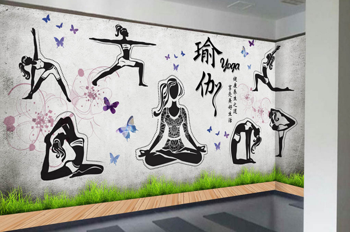 瑜伽馆墙纸会所印度瑜伽室店健身房背景墙餐厅饭店壁画壁纸墙布