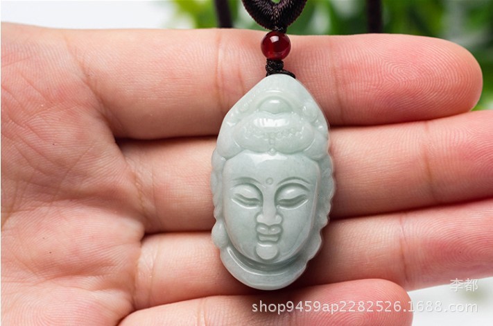 天然缅甸a货翡翠观音头吊坠 男女款玉佛头挂件玉菩萨头像吊坠