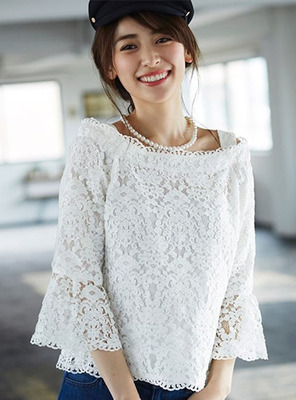 日系女装新品 三千金 一字领钩花镂空蕾丝衫 喇叭袖吊带上衣
