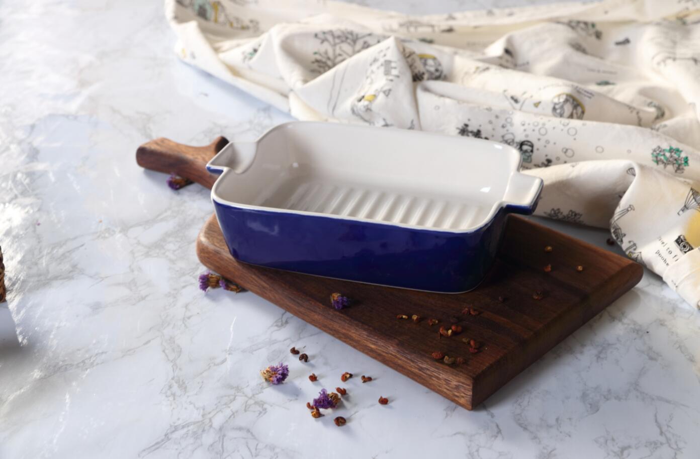 9英寸创意双耳陶瓷色釉搪瓷烤盘烘焙芝士焗饭盘耐高温意面盘