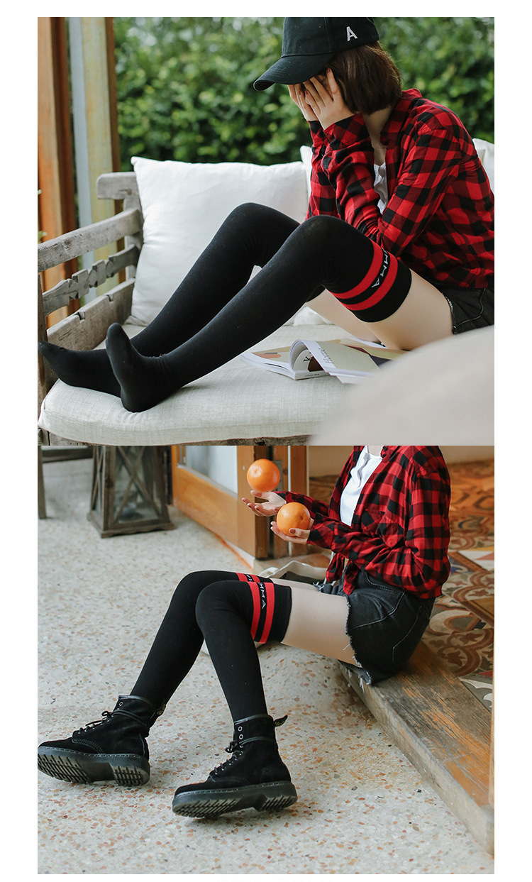 明星同款长筒袜 学生黑白条纹过膝百搭精梳棉袜子 运动休闲长筒袜