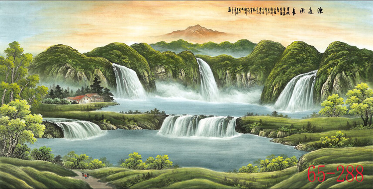 65-288国画字画 聚宝盆风景山水画横幅客厅装饰画高仿真画芯批发