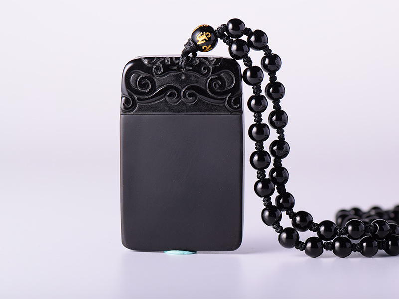 乌金黑曜石无事牌挂坠 黑曜石磨砂吊坠男女简约款 厂家一件代发