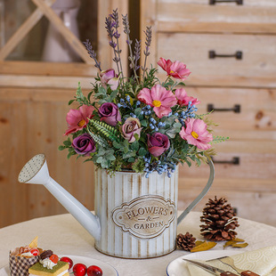 欧式田园复古铁艺做旧水壶花盆 玫瑰樱花薰衣草假花仿真花套装