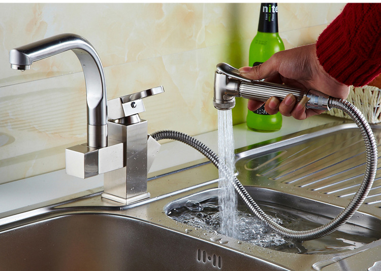 可旋转伸缩水龙头 冷热洗碗池水槽面盆龙头 全铜抽拉式厨房水龙头