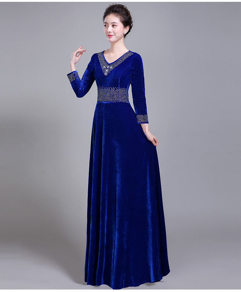 金丝绒长袖大合唱礼服长裙女士成人现代合唱团演出服装合唱指挥服