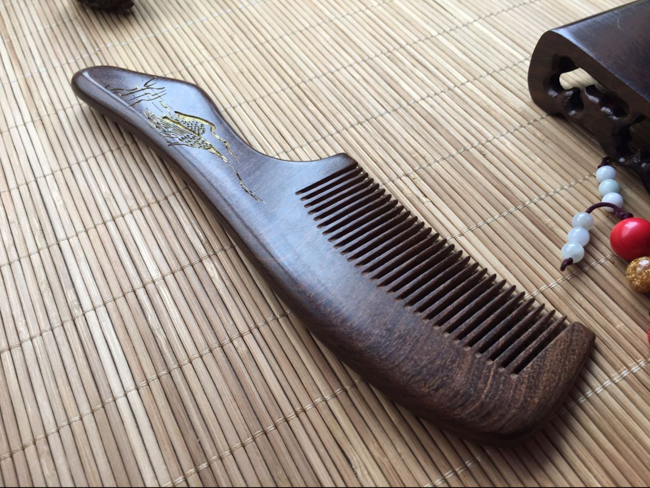 惠木缘 泾县木梳 20cm黑金檀雕刻木梳子 美发梳子 檀木梳子批发