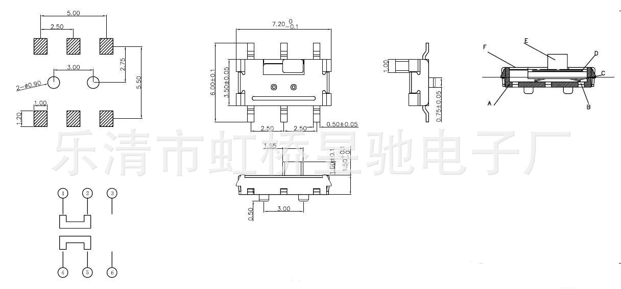 2档拨动开关微型六脚贴片拨动开关两档波动开关立式滑动开关