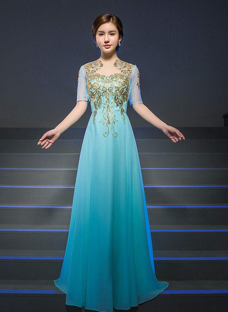 新款普通表演服 纯色大合唱演出服 女长裙主持人礼服厂家批发