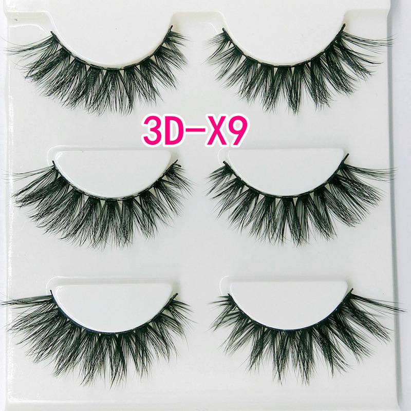 3d-x9 Three-Dimensional Multi-Layer False Eyelashes Thick Tufted Eye Tail Extended 3 Pairs Installed Eyelash Factory Wholesale