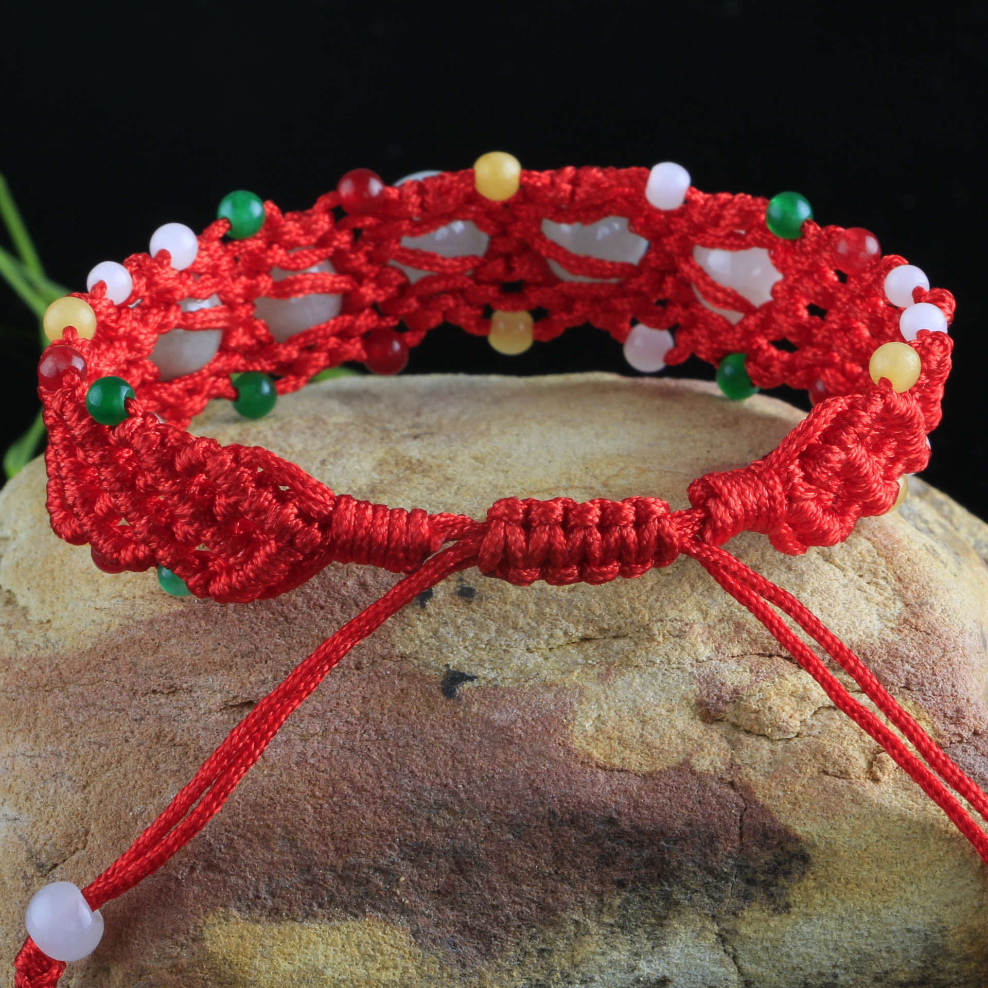 瑜韵四会玉器翡翠玉手链 少数民族编织红绳转运珠手链