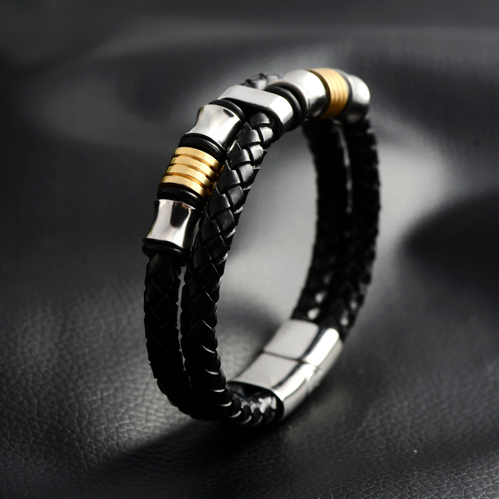 外贸高档皮手链 男士双色滚珠皮手镯 欧美个性环保手链批发