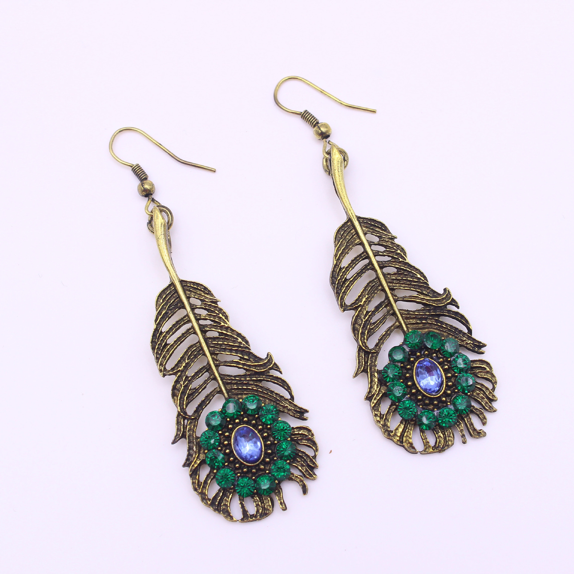 时尚欧美风外贸饰品复古羽毛闪钻长款耳环耳饰百搭夸张孔雀毛耳环