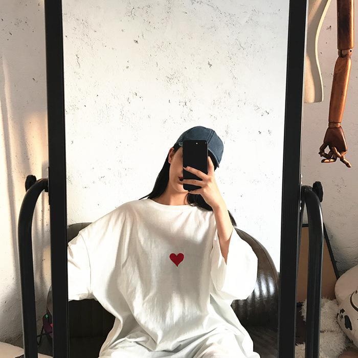 2017夏季新款6059韩版百搭胸前爱心图案超宽松半袖中长款大版t恤