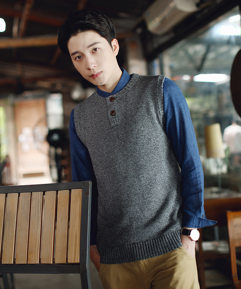 春季男士针织毛背心潮青年纽扣男无袖毛衣圆领韩版坎肩毛线马甲