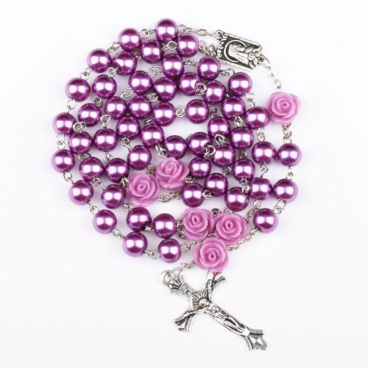 Amazon Hot Sale Purple Imitation Pearl Rose Flower Rosary Necklace Cross Virgin Necklace