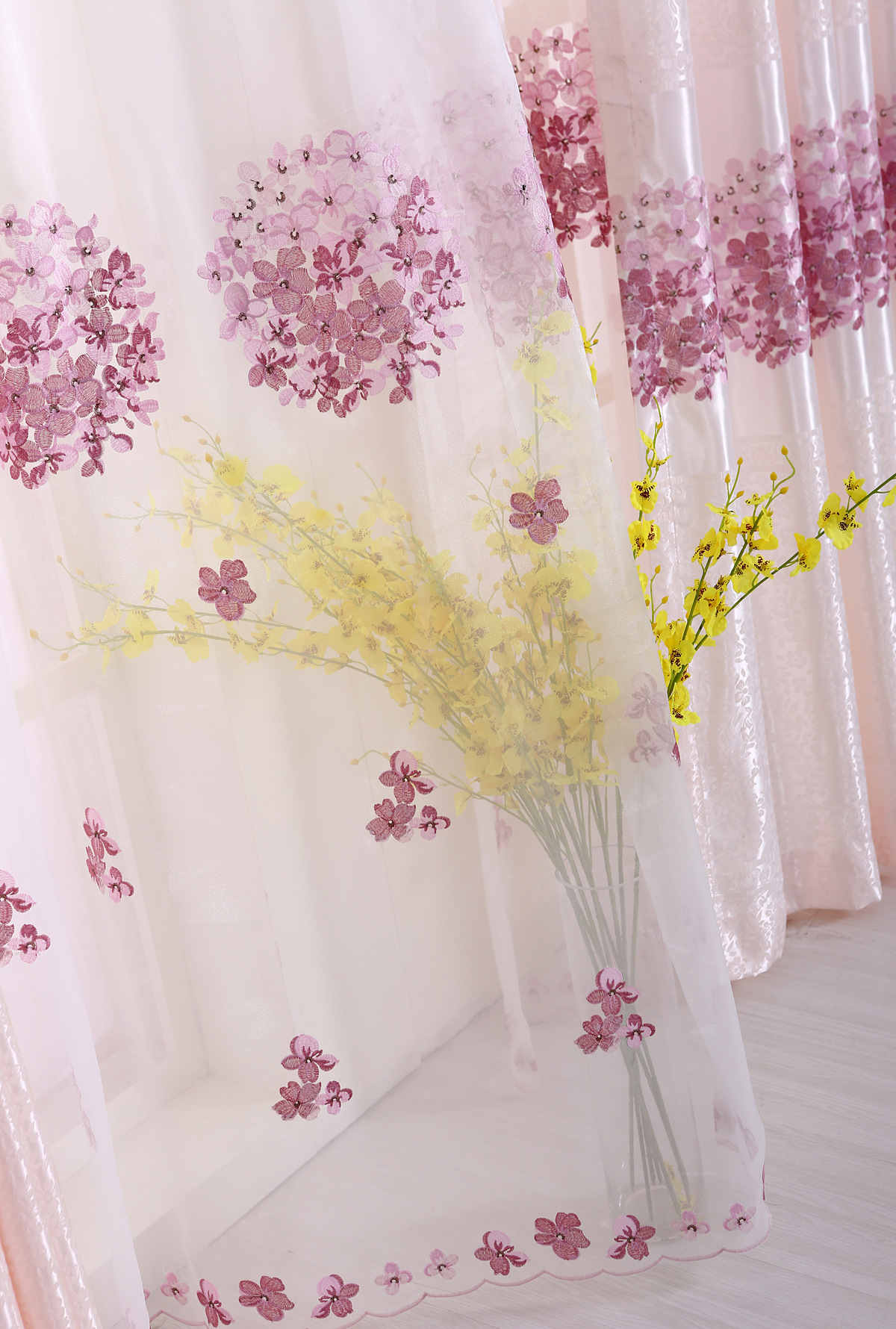 绣花窗帘樱花粉色半遮光客厅卧室书房新婚绣球植物花草定制