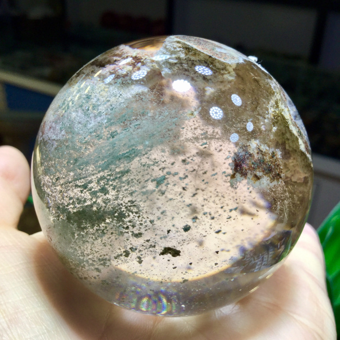 东海水晶 天然经典白幽灵聚宝盆绿幽灵千层水晶球摆件