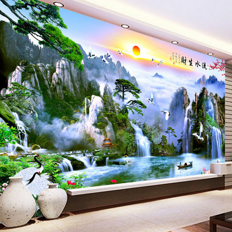 中式5d电视背景墙壁纸墙纸客厅3d流水生财山水风景画壁画影视墙布 ￥