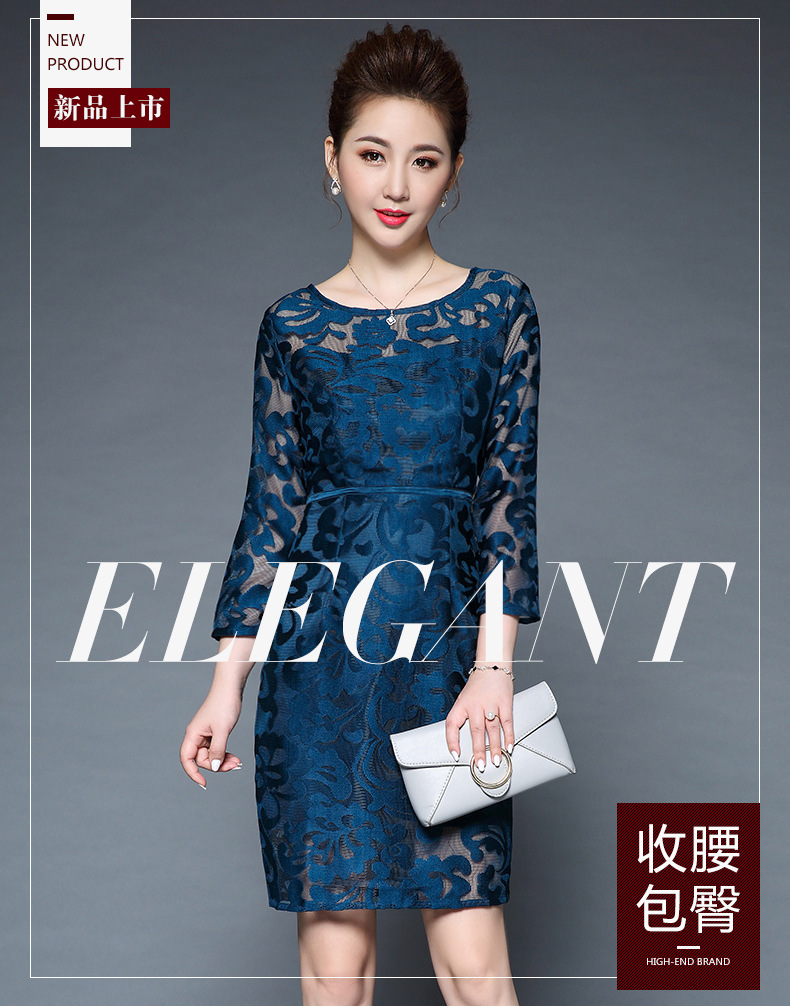js8988大码妈妈装网纱刺绣连衣裙
