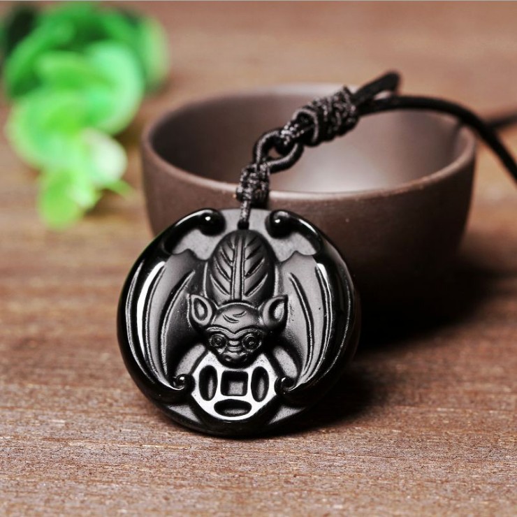 天然黑曜石蝠倒财到吊坠 男女款正品水晶福在眼前蝙蝠招财项链