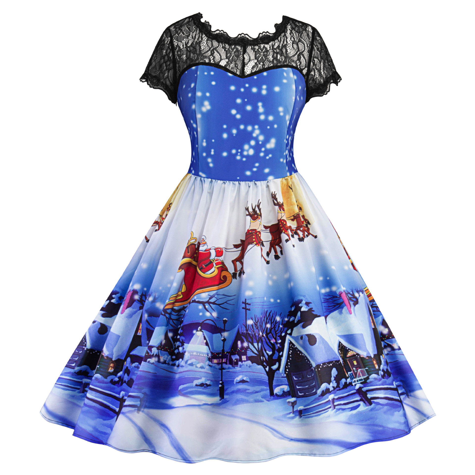 蓝色雪花蕾丝连衣裙图片