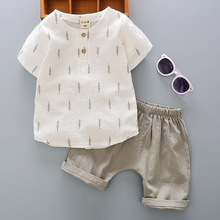 男童棉麻短袖衬衫套装2023夏季新款韩版童装宝宝婴儿童夏装两件套