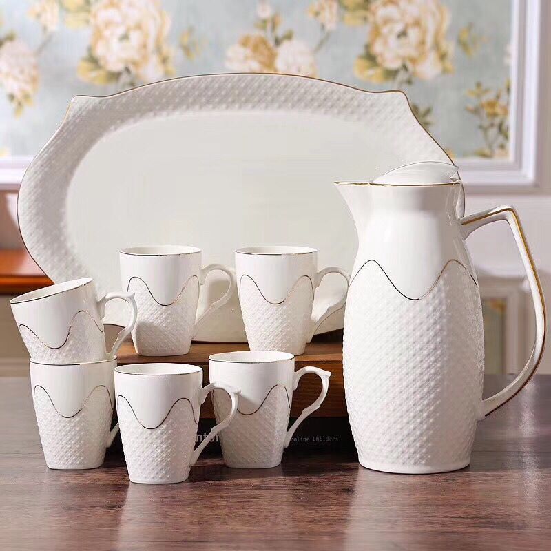 陶瓷杯具家用水杯套装欧式耐热家用茶具冷水壶带托盘 可定制logo