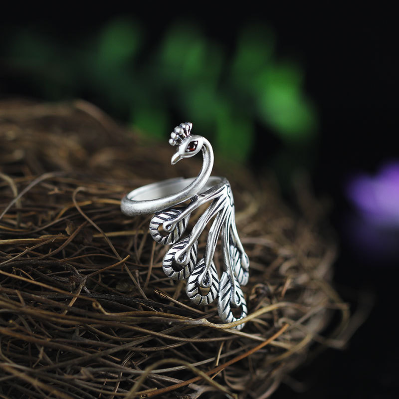 人品银品足银饰品哑光精工工艺泰银开口女士孔雀戒指修长玉指跨境