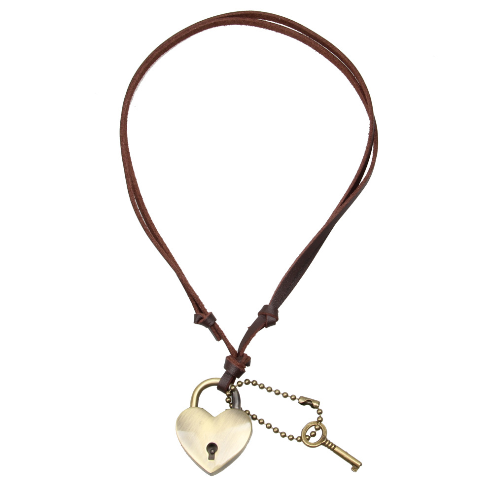 欧美复古铜色心形锁皮绳项链新款创意开心锁情侣款长款项链